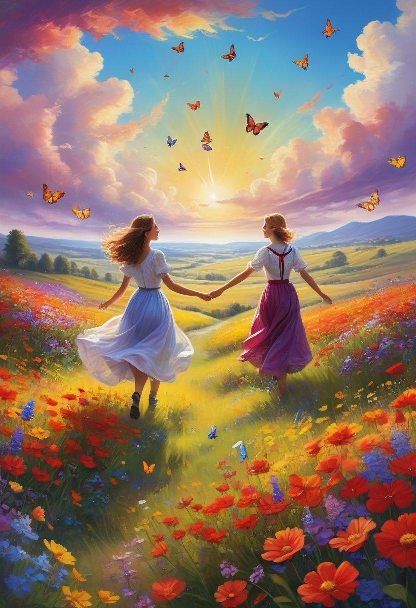 A serene landscape featuring a sun-drenched meadow dotted with vibrant wildflowers, where joyful people are engaged in playful activities like dancing and laughing together. In the background, a clear blue sky with fluffy white clouds enhances the cheerful atmosphere. Include elements of positivity such as butterflies and musical notes floating in the air. dreamy illustration. vibrant colors.