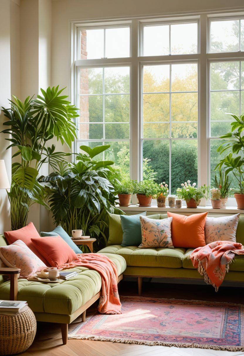 A cozy scene depicting a sunlit living room filled with plants, a glowing fireplace, and colorful throw pillows, with a family enjoying quality time together, laughing and sipping tea. A window reveals a vibrant garden filled with blooming flowers, symbolizing joy and tranquility. Soft pastel colors dominating the image create a warm atmosphere. painting. vibrant colors.